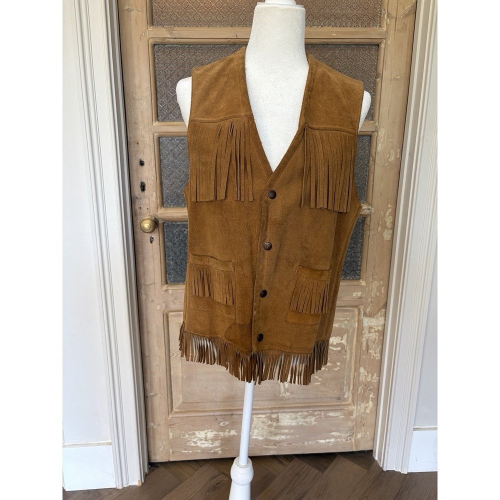 Vintage 70's Brown Suede Leather Fringe Western Cowboy Vest Boho Womens M/L
